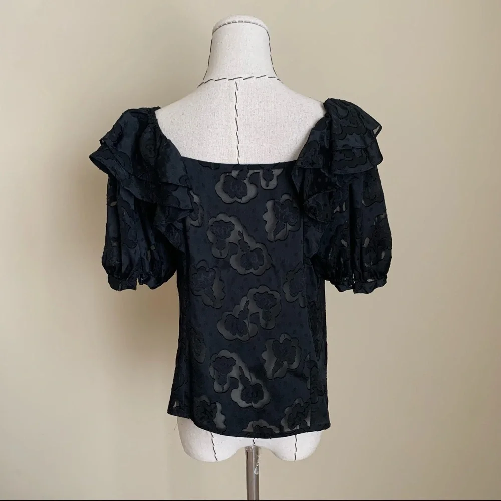 Rebecca Taylor Satin Jacquard Ruffle Top Blouse sz 0 XS - Picture 6 of 14